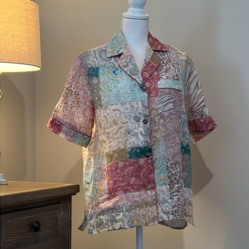 Patchwork Print Short-Sleeve Button Front Top - Multi - Picture 6 of 16